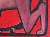 a painting of a cat on a red background
