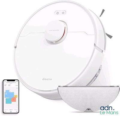 an image of a white robot with a smart phone next to it