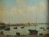 a painting of boats in the water near a shore