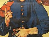 an old poster of a smiling man holding a pair of scissors