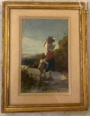 une image représentant un tableau où l'on voit une femme et un chien au bord d'un ruisseau