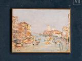 an image of a painting of a canal with boats in it