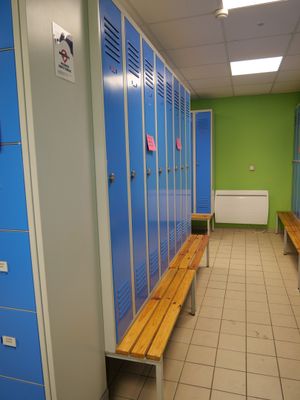 a long row of blue lockers in a hallway