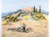 an image of a painting of a man herding sheep on a hill