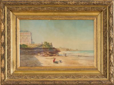 a painting of a beach scene with people walking on the sand