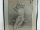framed drawing of a man sitting on a bench with his hands on his head