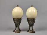 pair of antique brass table lamps with white glass globes