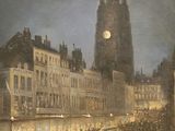 a painting of a city street at night with a clock tower in the background