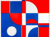 une image représentant un tableau aux couleurs rouge, blanc et bleu, orné de cercles