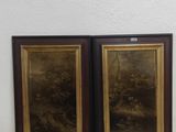 two framed pictures on a table with a rug on it