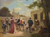 painting of a group of people standing in a courtyard surrounded by dogs