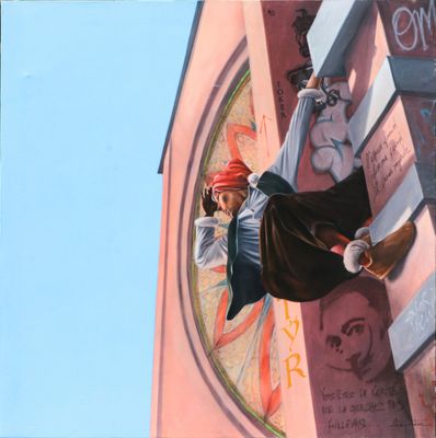 a painting of a pirate hanging from a building