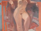 an oil painting of a nude woman sitting on a chair