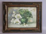 painting of a green vase with white flowers in it on a table
