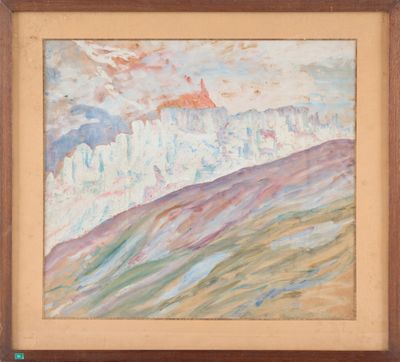 an image of a painting of a mountain with a sky in the background