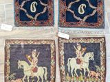 three rugs with a picture of a woman on a horse and a man on a horse