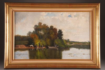 an image of a painting of a river scene with people in a boat