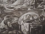a drawing of a family having a meal with a dog