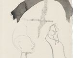 drawing of a woman with a hat and a cross in the background