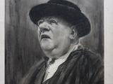 drawing of a man with a hat and a tie in a black and white photo