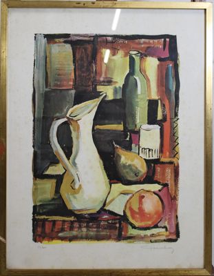 un tableau représentant un pichet et des fruits posés sur une table