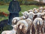 painting of a man herding a flock of sheep on a country road