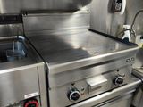 a stainless steel kitchen with two stoves and a dishwasher