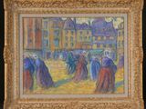 an oil painting of a group of people walking down a street