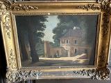 un vieux tableau représentant une maison devant laquelle se trouvent un cheval et une calèche