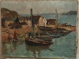 un tableau représentant des bateaux sur l'eau près d'une rive