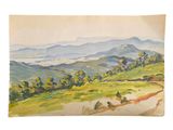 an image of a watercolor painting of a hilly landscape