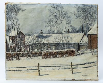 an image of a painting of a farm in the snow