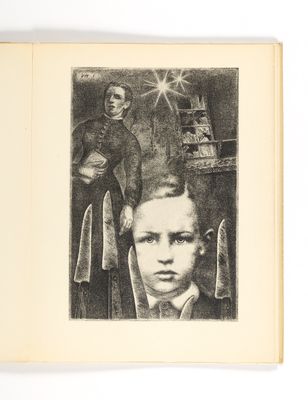 un vieux livre avec un dessin en noir et blanc représentant un homme et une femme
