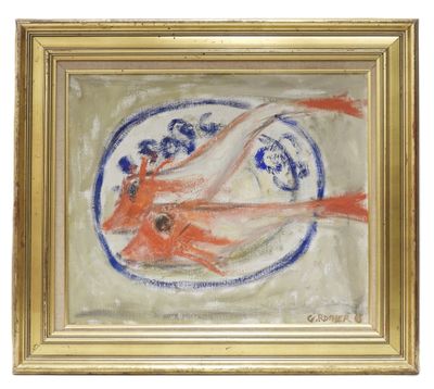 une peinture à l'huile représentant un poisson dans une assiette, dans un cadre doré