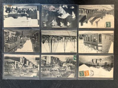 several black and white photographs of a train station with people
