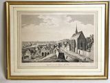 un vieux dessin représentant une vue d'une ville avec une église en arrière-plan