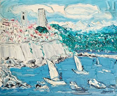 a painting of sailboats in the water near a lighthouse