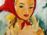 painting of a woman wearing a red bonnet and a white dress