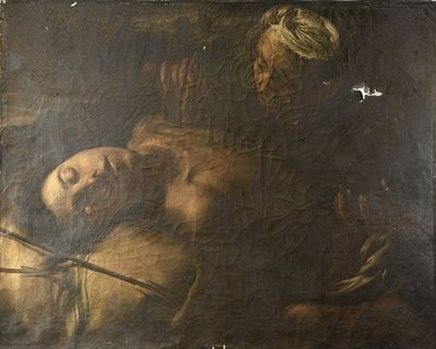 an old painting of a woman being held up by a man