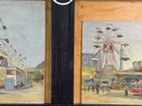 deux tableaux représentant une grande roue et une grande roue sur un mur en bois