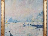 an oil painting of boats in a body of water with a sky background