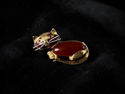 a close up of a red cat broochle on a black cloth