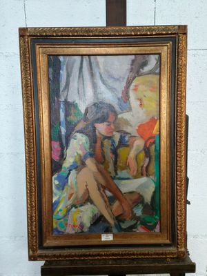 une peinture représentant une femme assise sur une chaise