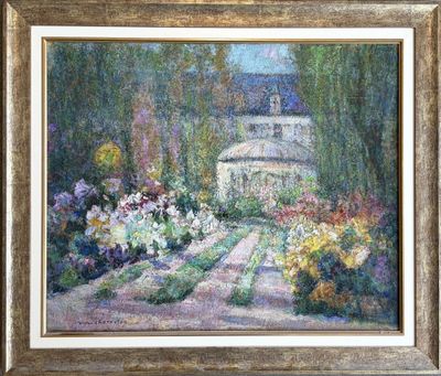 an image of a painting of a garden with flowers and trees