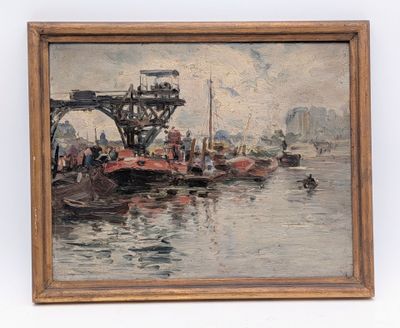 painting of a harbor scene with boats and a bridge in the background