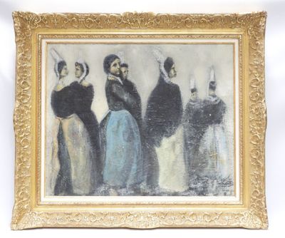 un vieux tableau représentant un groupe de femmes debout devant un fond blanc