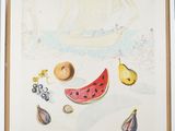 a picture of a painting of fruit and a boat in the water