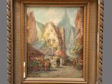 an image of a painting of a street scene with a horse drawn carriage