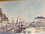 a picture of a painting of a harbor with boats