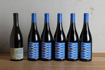 six bottles of wine are lined up on a wooden table